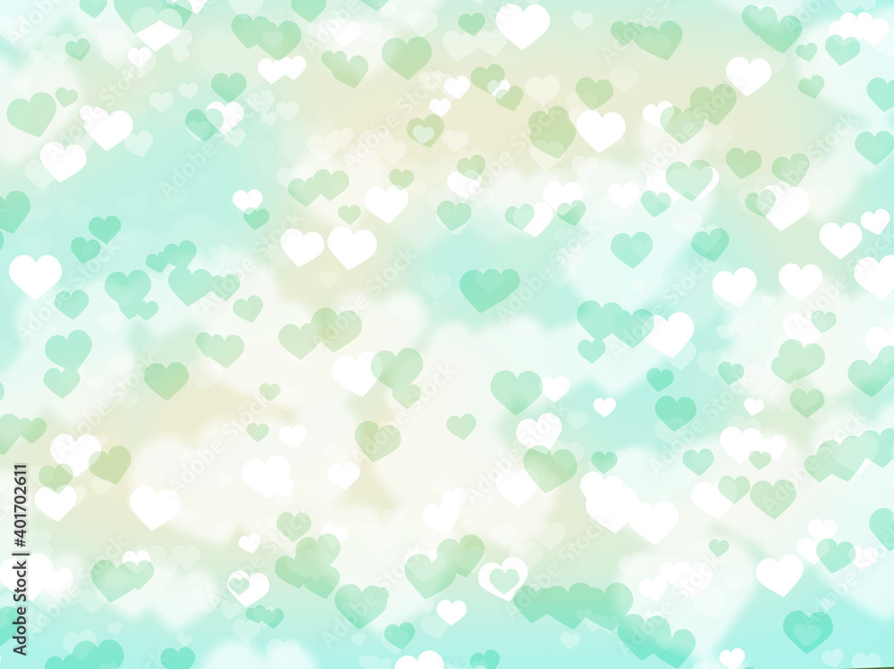 Sweet background full of hearts in nice pastel colors, monochrome green and white mix. Sweet background full of hearts in nice pastel colors, monochrome green and white mix.