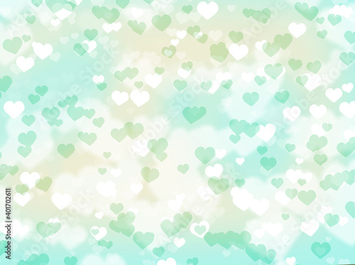 Sweet background full of hearts in nice pastel colors, monochrome green and white mix.