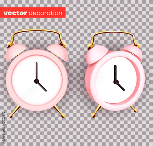 Pink alarm clock. Design template closeup in vector. Mock-up for branding and advertise isolated on transparent background.