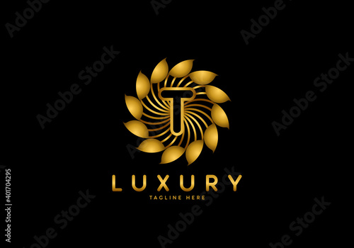 Letter T Golden Flower  Luxury logo template  circle ornament.