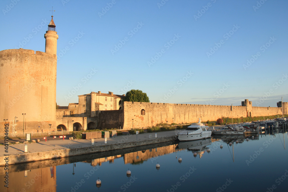 The Constance Tower and the medieval city of Aigues mortes, a resort on the coast of Occitanie region, Camargue, France
