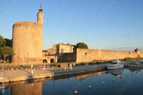 The Constance Tower and the medieval city of Aigues mortes, a resort on the coast of Occitanie region, Camargue, France 