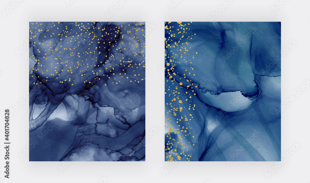 Navy blue alcohol ink watercolor texture with golden confetti 
