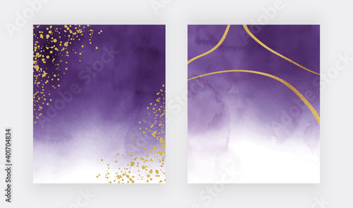 Purple watercolor texture with golden confetti and lines 