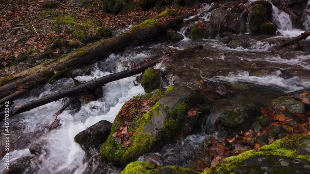 Water cascading over moss covered rocks and fallen trees on Falls creek in Chugach state park in late autumn near Anchorage Alaska. Water cascading over moss covered rocks and fallen trees on Falls creek in Chugach state park in late autumn near Anchorage Alaska.