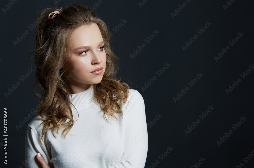 Portrait of beautiful woman model with fresh daily makeup and romantic wavy hairstyle Portrait of beautiful woman model with fresh daily makeup and romantic wavy hairstyle