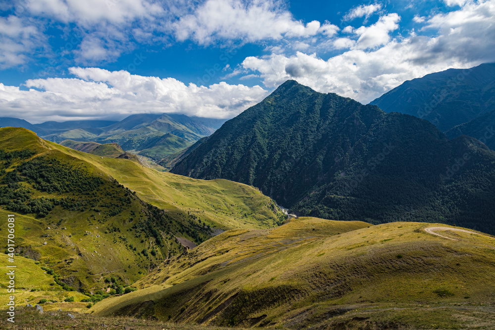 Landscape of the green mountains of the Caucasus