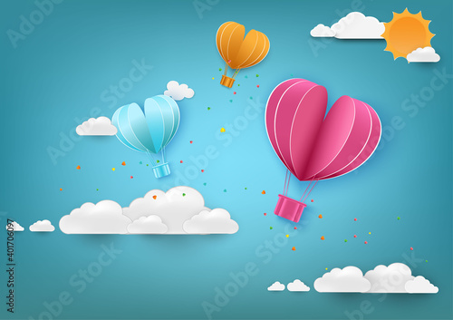 Paper art of love and Origami made air balloon heart shape flying with valentines day label.They are in the air with copy space.Mother's Day,Happy Women,Vector Valentine's Day and paper cut concept.
