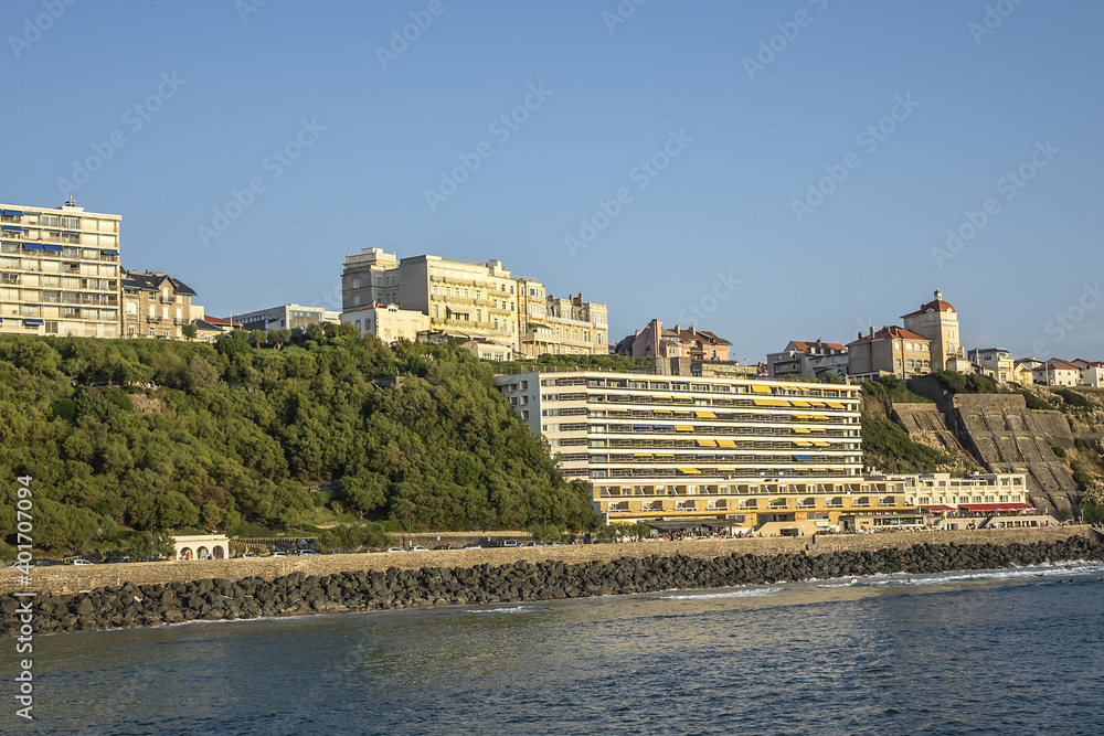 Picturesque panorama of Biarritz and Prince de Galles Boulevard at sunset. Biarritz, Department of Pyrenees-Atlantiques, Nouvelle-Aquitaine region, France. Picturesque panorama of Biarritz and Prince de Galles Boulevard at sunset. Biarritz, Department of Pyrenees-Atlantiques, Nouvelle-Aquitaine region, France.