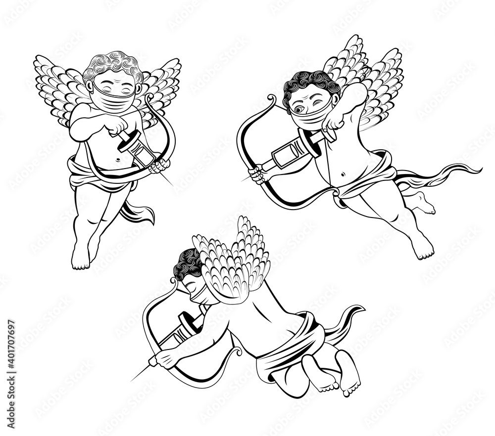 Fototapeta premium vector illustration of cupid wearing a face mask and aiming with a vaccination needle instead of an arrow