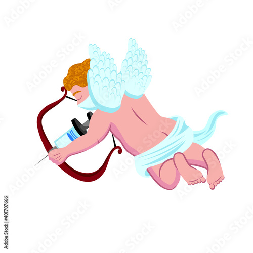 vector illustration of cupid wearing a face mask and aiming with a vaccination needle instead of an arrow