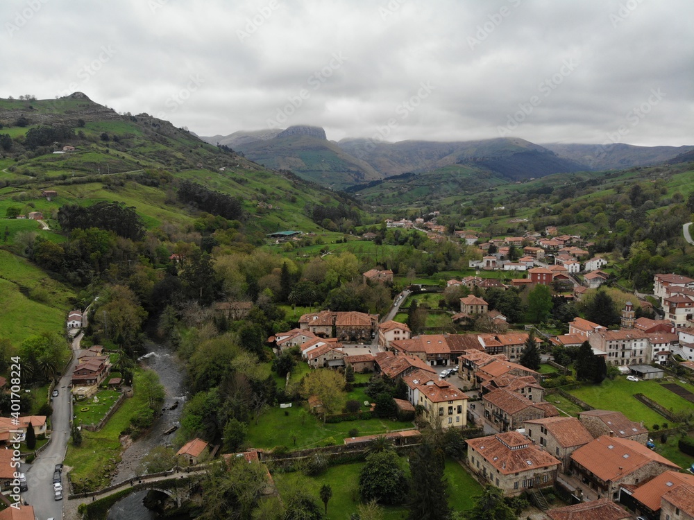 Aerial view of a mountain town in Cantabria