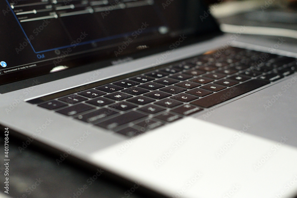 Open gray laptop close up