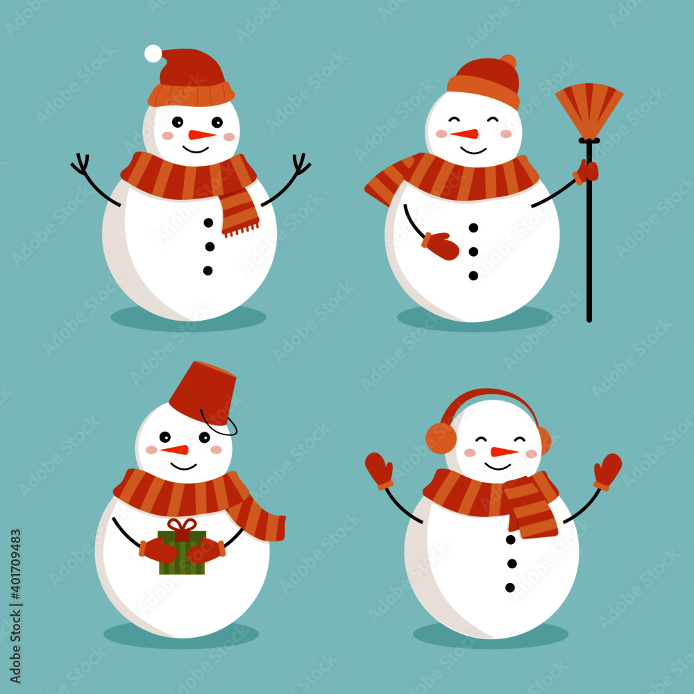 Flat illustration set of winter snowmen dressed in different costumes.Christmas snowmen on blue background.