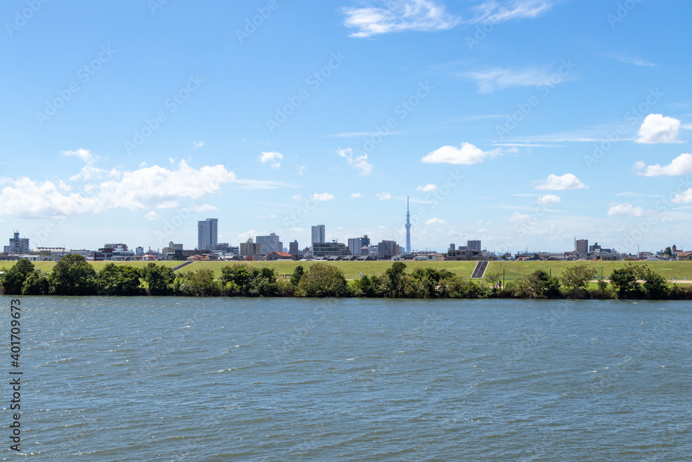 青空を背景に千葉県市川側から江戸川越しに見た東京の風景
