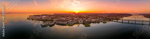Aerial sunset panorama of Havre De Grace Harford County, Maryland, United States, situated at the mouth of the Susquehanna River and the head of Chesapeake Bay one of the best American small towns
