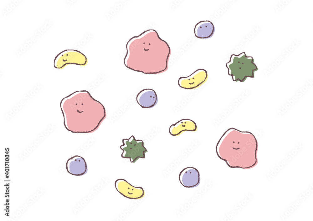 色々な細菌(笑顔)の手描きカラーイラスト 色々な細菌(笑顔)の手描きカラーイラスト