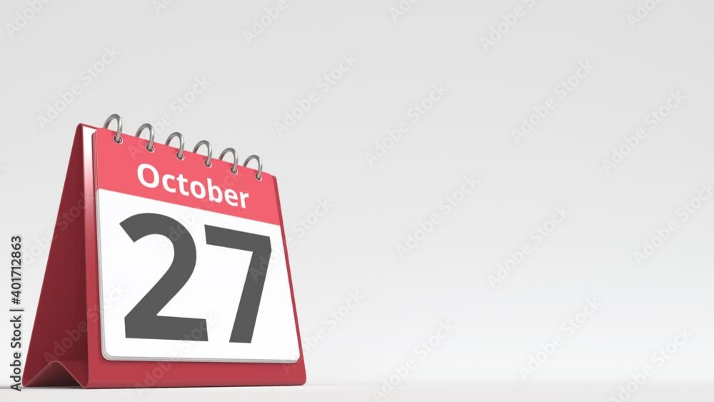 October 27 date on the flip desk calendar page, blank space for user text, 3d animation October 27 date on the flip desk calendar page, blank space for user text, 3d animation