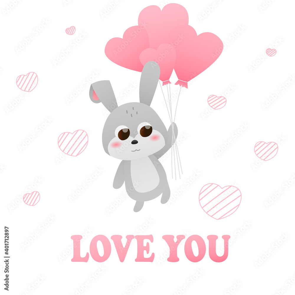Cute childish rabbit holding heart ballons and fly, happy valentines card for kids, love you romantic illustration, little bunny Cute childish rabbit holding heart ballons and fly, happy valentines card for kids, love you romantic illustration, little bunny