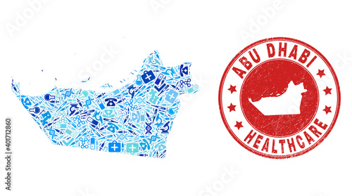 Vector collage Abu Dhabi Emirate map with injection icons, labs symbols, and grunge healthcare watermark. Red round watermark with grunge rubber texture and Abu Dhabi Emirate map text and map.