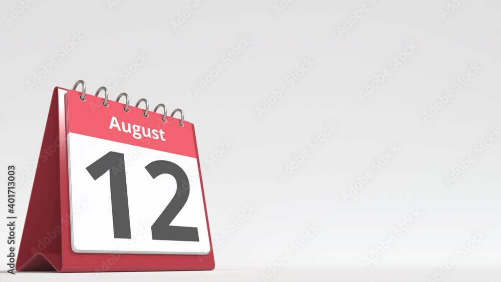 August 12 date on the flip desk calendar page, blank space for user text, 3d animation August 12 date on the flip desk calendar page, blank space for user text, 3d animation