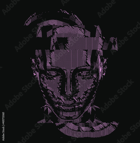 Low poly android head made of pixels and particles. Artificial Intelligence, Neural network and futuristic technology concept.  