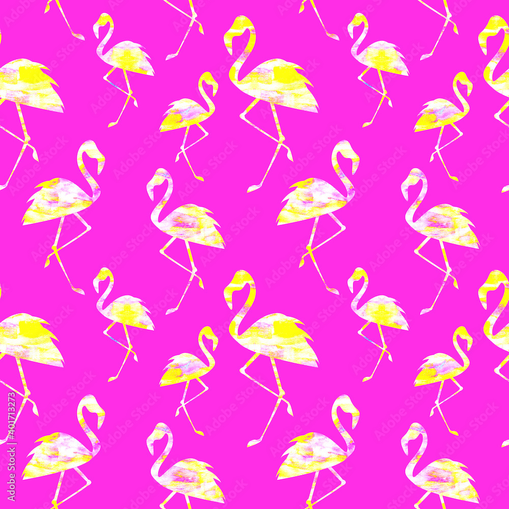Seamless pattern. Yellow stylized flamingos and on pink background.