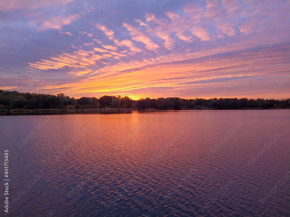 Obraz premium Sunset reflections in lake Rusalka in city Poznan, Greater Poland region.