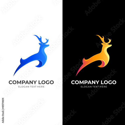 jump deer logo design with 3d yellow and blue color style
