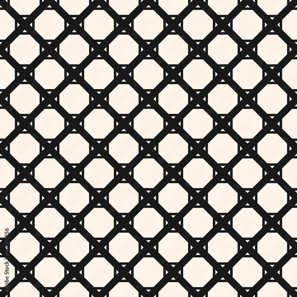 Fototapeta premium Vector monochrome seamless pattern with diamond grid, net, mesh, lattice, grill, diagonal lines, squares. Abstract black and white geometric texture. Simple background. Repeat design for decor, print
