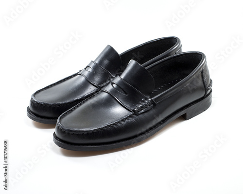 A men's black loafers isolated on white background