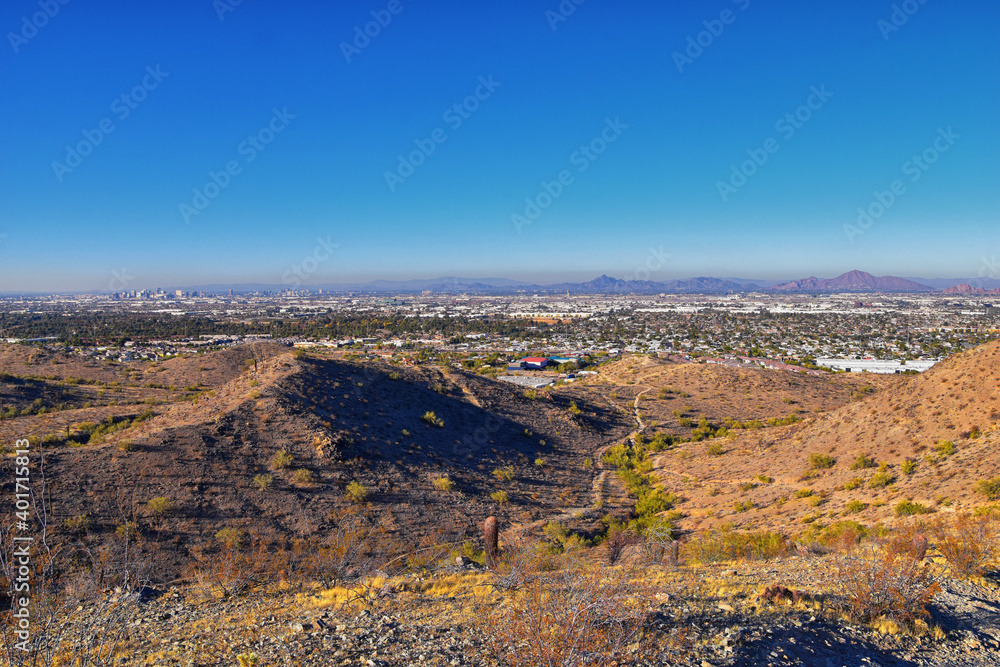 South Mountain Park and Preserve Views from Pima Canyon Hiking Trail, Phoenix, Southern Arizona desert. United States.