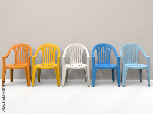 Generic plastic chairs - warm and cold colors