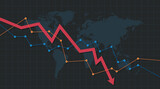Stock or financial market crash with the world map in the background. Arrow pointing downwards showing the crisis. Vector illustration.