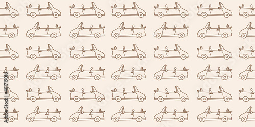 sport car icon. seamless pattern with black outline car isolated on brown background. hand drawn vector. doodle for kids, wallpaper, cover, fabric, textile, wrapping paper and gift. 