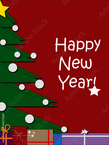 New Year's card with christmas tree and gifts