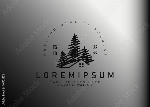 Pines home residence logo design. Vector illustration of hand drawn home residence with pines tree around them. Modern logo design with line art style.