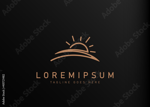 Sunrise logo design. Vector illustration of creative landscape field with sunrise icon design. Modern logo design with line art style.