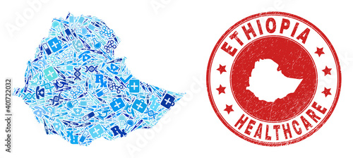 Vector collage Ethiopia map with medical icons, labs symbols, and grunge health care seal stamp. Red round seal with corroded rubber texture and Ethiopia map text and map.