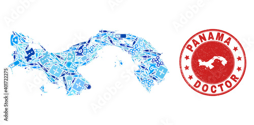 Vector mosaic Panama map with healthcare icons, hospital symbols, and grunge health care rubber imitation. Red round stamp with unclean rubber texture and Panama map caption and map.
