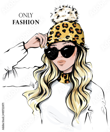 Fashion woman in sunglasses. Beautiful young woman in knitted cap with leopard print. Vector illustration.
