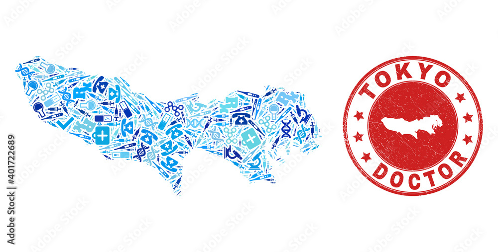 Vector collage Tokyo Prefecture map with vaccine icons, chemical symbols, and grunge health care seal stamp. Red round stamp with scratched rubber texture and Tokyo Prefecture map text and map. Vector collage Tokyo Prefecture map with vaccine icons, chemical symbols, and grunge health care seal stamp. Red round stamp with scratched rubber texture and Tokyo Prefecture map text and map.