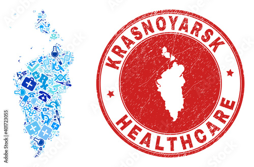 Vector mosaic Krasnoyarskiy Kray map of vaccine icons, chemical symbols, and grunge healthcare watermark. Red round seal with grunge rubber texture and Krasnoyarskiy Kray map word and map.