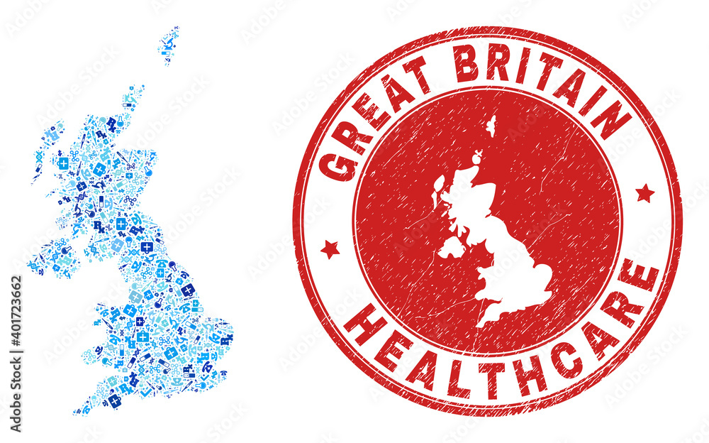 Vector collage United Kingdom map with dose icons, medicine symbols, and grunge healthcare rubber imitation. Red round imprint with grunge rubber texture and United Kingdom map text and map. Vector collage United Kingdom map with dose icons, medicine symbols, and grunge healthcare rubber imitation. Red round imprint with grunge rubber texture and United Kingdom map text and map.