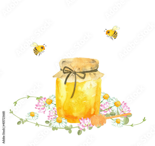 ハチミツと花とミツバチの水彩イラスト photo