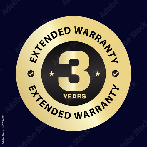 three year extended warranty stamp illustration, golden color   vector icon, design element , 3 years warranty