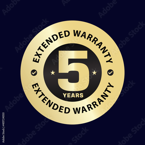 five Year extended warranty, golden  stamp elegant vector illustration, 5 years warranty