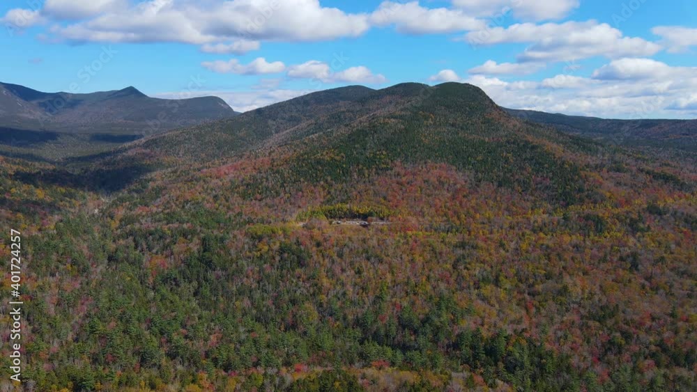 White Mountain National Forest fall foliage on Kancamagus Highway near Hancock Notch aerial view, Town of Lincoln, New Hampshire NH, USA. White Mountain National Forest fall foliage on Kancamagus Highway near Hancock Notch aerial view, Town of Lincoln, New Hampshire NH, USA.