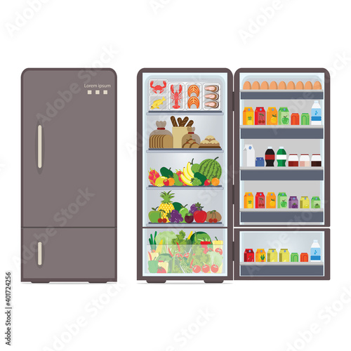 Modern closed and opened refrigerator full of food and drink.