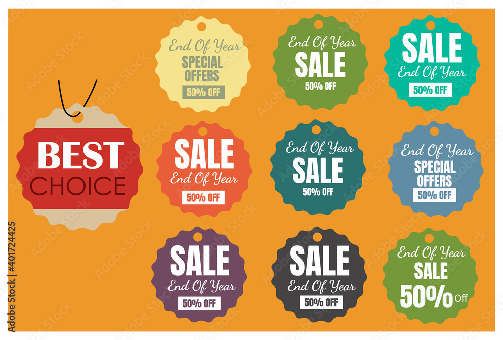Set of sale tags and labels, template shopping labels. Blank, discount and price tags on paper. Special offer. Vintage. Vector illustration.End of year sale .